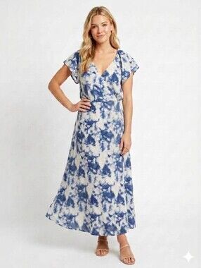 Orb Life Boho Tie Dye V-Neck Flowy Maxi Dress Flutter Sleeves NWT Size XXL